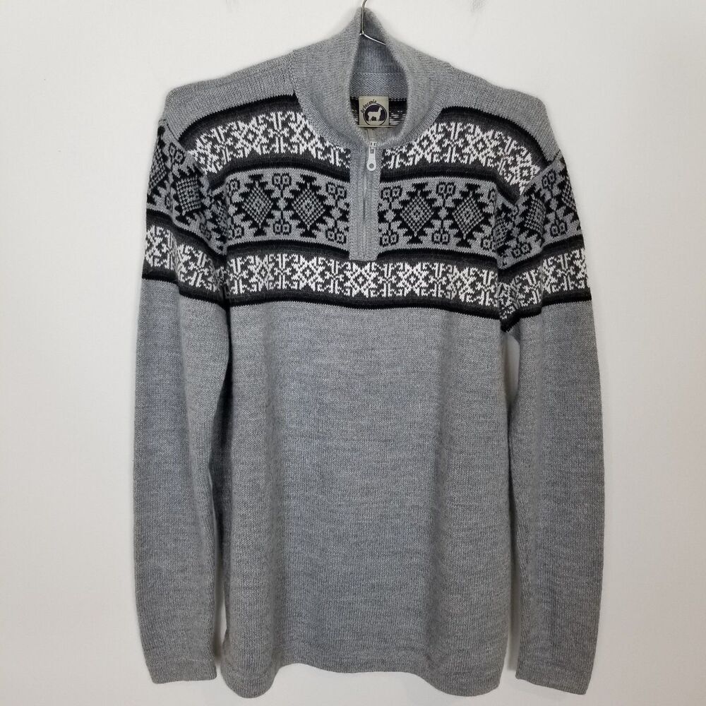Artesania‎ 1983 Women 1/4 Zip Fair Isle Alpaca Blend Sweater Sz XL Gray Pullover